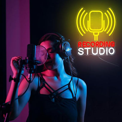 Recording Studio Neon Sign Microphone LED Light for Music Room Decor, Vintage Mic Wall Art for Home Studio Podcast Room, Singer Musician Gifts, Karaoke Bar Wall Decoration(12.2 * 14.5inch)