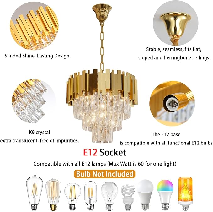 Modern Crystal Chandelier 16" Round K9 Crystal Ceiling Light Adjustable Gold 3-Tier Chandelier with 5 Lights Elegant Fixture for Dining Room Living Room Foyer