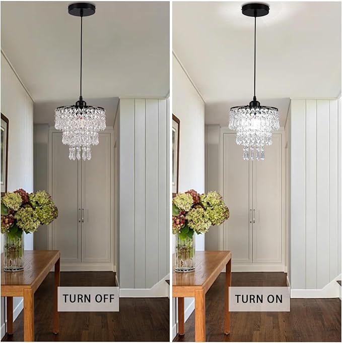 FRIXCHUR Black Small Crystal Chandelier Pendant Light Semi Flush Mount Ceiling Light for Hallway Foyer Closet Bedroom, 7.9 Inch