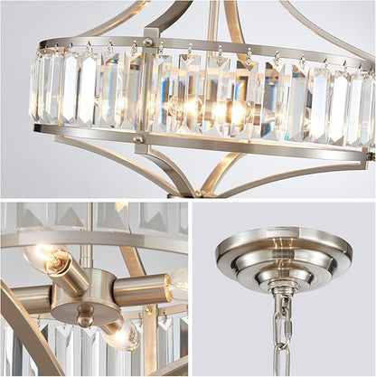 XINGQI Round Crystal Chandeliers for Dining Room Modern 4-Light Rustic Farmhouse Light Fixture Brushed Nickel Pendant Lighting for Living Room Kitchen Island Bedroom