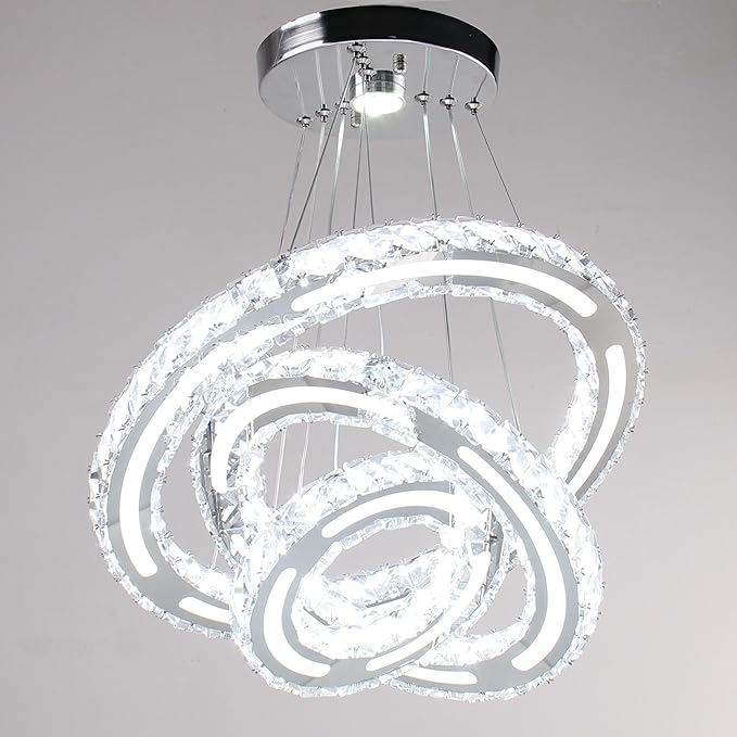 Chandeliers Modern Ceiling LED Fixture 3 Rings Adjustable Crystal Light Fixture Ceiling Hanging Pendant Light for Living Room Dining Bedrooms Hall 180mm Base 153 Crystals（White Light）