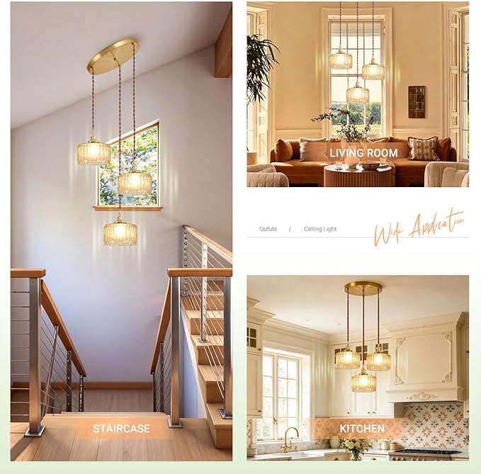 Amber Chandelier Mid-Century Modern Chandelier 3-Light Glass Globes Vintage Gold Brass Finish Striped Glass Hanging Pendant Lights Dining Room Semi Flush Mount Ceiling Light Fixture
