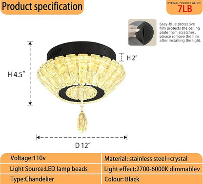 Black 12'' LED Mini Crystal Chandelier Dimmable Flush Mount Ceiling Light for Hallway Modern Living Room Bedroom Dining Room Foyer