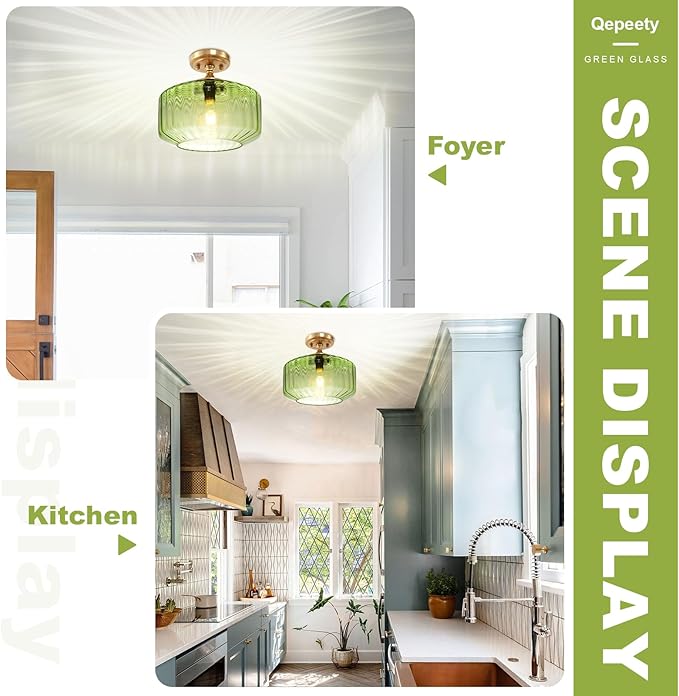 Green Semi Flush Mount Ceiling Light Set of 2 Mid Century Modern Ceiling Light Fixture Vintage Gold Chandelier Farmhouse Close to Ceiling Light Fixtures for Living Room, Bedroom, Entryway