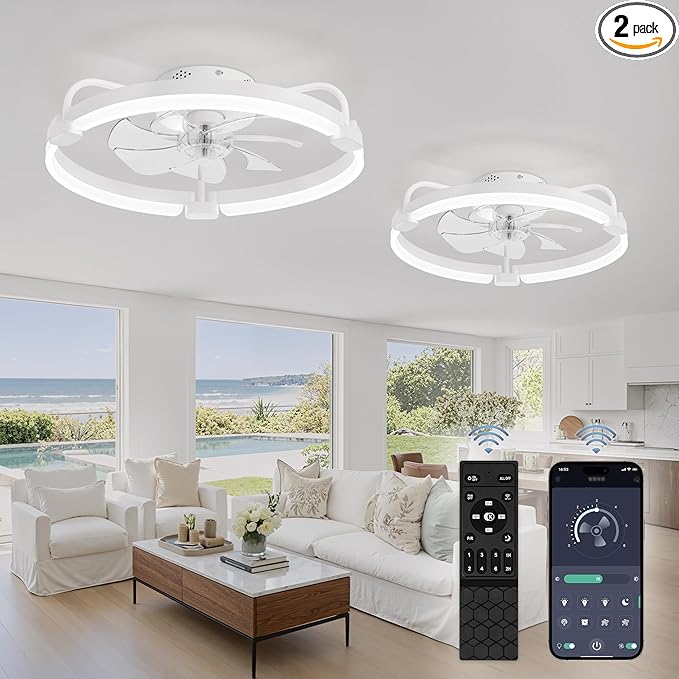LEDIARY 2 Pack Ceiling Fans with Lights and Remote, 20'' Low Profile Ceiling Fan with Light, 3000-6000K Dimmable Fandelier LED Fan Light, 6 Wind Speeds, White Flush Mount Ceiling Fan for Bedroom