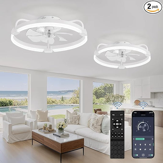 LEDIARY 2 Pack Ceiling Fans with Lights and Remote, 20'' Low Profile Ceiling Fan with Light, 3000-6000K Dimmable Fandelier LED Fan Light, 6 Wind Speeds, White Flush Mount Ceiling Fan for Bedroom