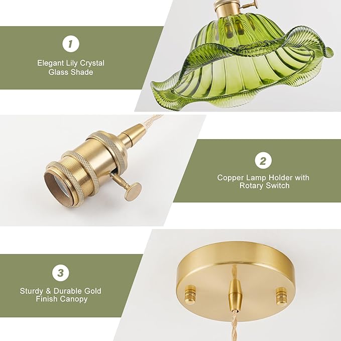Vintage Pendant Lights Kitchen Island 3 Pack, Adjustable Pendant Light Fixtures with Green Lily Glass Lampshade, Gold Kitchen Pendant Lighting Over Island, Pendant Light for Dining Room Hallway