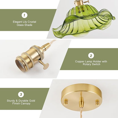 Vintage Pendant Lights Kitchen Island, Adjustable Brass Pendant Light Fixtures with Green Lily Glass Lampshade, Gold Kitchen Pendant Lighting Over Island, Pendant Light for Dining Room Hallway