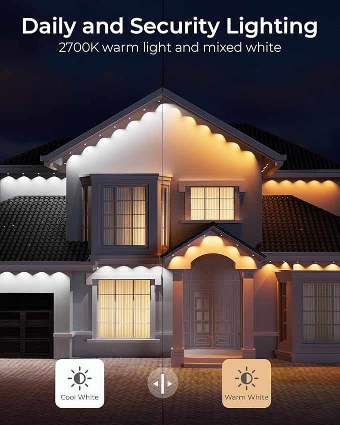 CINOTON Permanent Outdoor Lights 200ft, Smart RGBW+IC Eaves Lights with 120LEDs, IP67 Waterproof, 111 Scene Modes for Daily and Festival, Halloween Christmas Holiday Decor, APP/Voice/Remote Control
