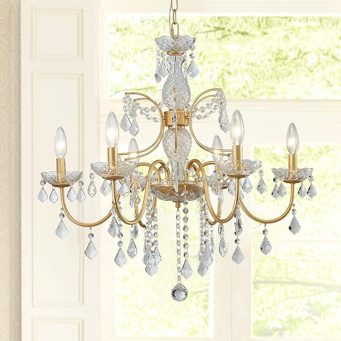 Bestier Gold Finish Elegent Crystal Candle Candelabra Chandelier 6 Light Lighting Fixture LED Pendant Ceiling Light Dia 26 in x H 26 in