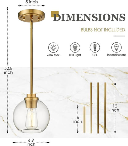 Pendant Lights Kitchen Island, Modern Gold Pendant Light with Clear Glass Globe Shade, Farmhouse Hanging Light Fixtures for Dining Room Entryway, AD-22280-1P-GD-C