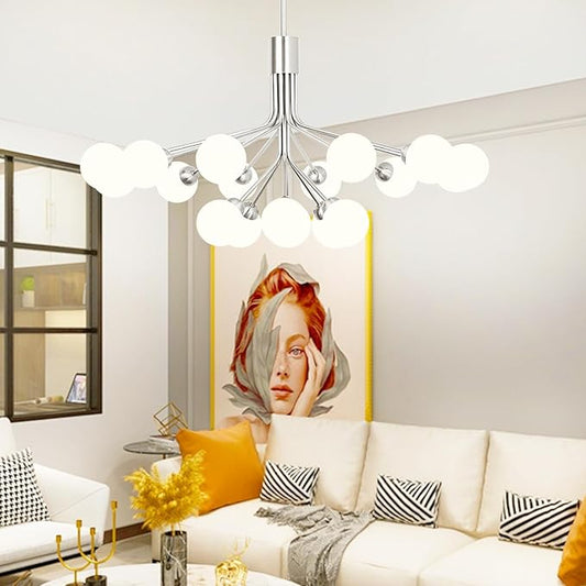 Depuley Glass Ball Sputnik Chandelier: 18-Light Modern Mid Century Chrome Chandelier Dining Room - Globe Chandelier Light Fixture Height Adjustable Kitchen Over Table (Included G9 Bulbs)