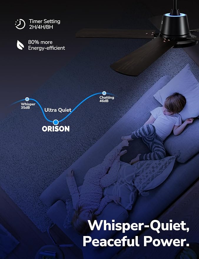 Orison Ceiling Fans with Lights, 52 inch Low Profile Ceiling Fan with RGB Backlight, Flush Mount Ceiling Fan with Remote and App Control,White Bedroom Fan, 6 Speeds, 5 Reversible Blades (Black RGB)