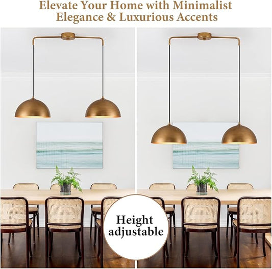 2-Light Pendant Lights Kitchen Island, Gold Metal Dome Shade Pendant Light, Kitchen Pendant Lighting Over Island, Adjustable Height Hanging Light Fixture for Farmhouse Dining Room Kitchen Cafe
