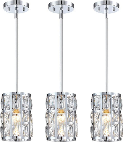 MEXO Modern Crystal Pendant Light Fixture 3-Pack Chrome Finish Hanging Lighting Crystal Chandelier for Kitchen Island