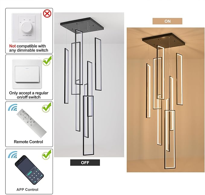 GEADI Foyer Chandelier for High Ceilings, 8-Light Modern Dimmable LED High Ceiling Pendant Light Fixture with Remote Control, Black Large Chandelier for Entryway, 3000-6500K