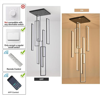 GEADI Foyer Chandelier for High Ceilings, 8-Light Modern Dimmable LED High Ceiling Pendant Light Fixture with Remote Control, Black Large Chandelier for Entryway, 3000-6500K