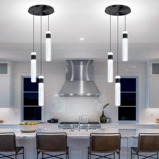 3-Light Pendant Lights Kitchen Island Black Crystal Column Chandelier Modern Dimmable LED Pendant Light for Dinning Room Living Room