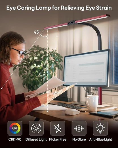 LED Desk Lamp for Home Office, Eye-Caring Desk Light with Clamp, Stepless Dimming 24W Double Head Architect Task Lamp with Remote Control, Flexible Arm for Working Studying Reading Drafting（RED)