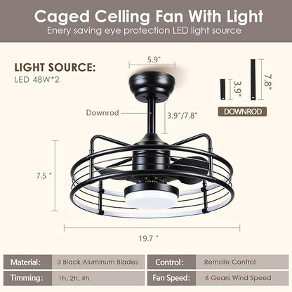 SHIHOT 20" Caged Ceiling Fans with Lights - Bladeless Black Ceiling Fans with Remote, Reversible and Dimmable,Industrial Ceiling Fans with 6-Speed for Bedroom Kitchen