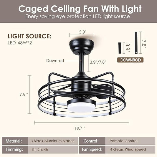 SHIHOT 20" Caged Ceiling Fans with Lights - Bladeless Black Ceiling Fans with Remote, Reversible and Dimmable,Industrial Ceiling Fans with 6-Speed for Bedroom Kitchen