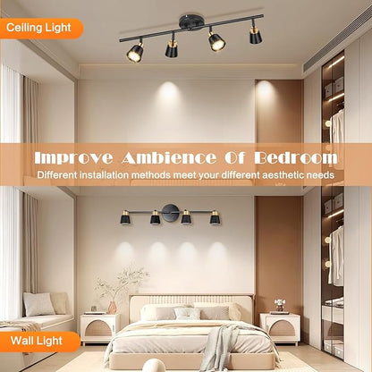 GORDNWE Track Lighting Fixtures Ceiling: LED Spot Lights Indoor 4 GU10 Flexible Heads Black Vintage Adjustable Compatible with Dimmable Bulbs Overhead Directional Lights Foldable for Kitchen Hallway