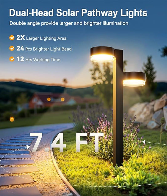 Brighter Solar Pathway Lights Outdoor, 6 Pack Dual-Head Solar Lights Outdoor Waterproof with 12 Head & 24 LED, Solar Powered Garden Light for Yard Path Walkway Driveway Sidewalk