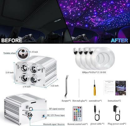 4 Colors 32W Twinkle Car Starlight Headliner Kit 800pcs*0.03in*13.1ft with APP&RF Remote,RGBW Fiber Optic Strands Star Roof Lights,4 Port Engine Sound Activated Ceiling Star Lights for Home/Car Decor