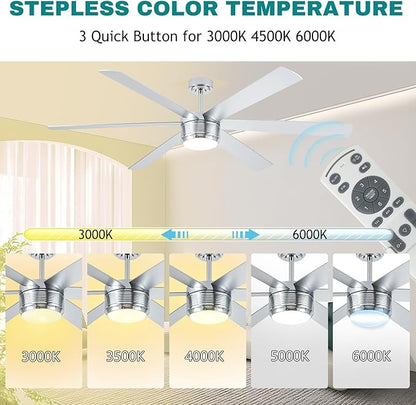 SHOWDI Ceiling Fan with Lights and Remote, 6 Blade App Control Timer Reversible Stepless Brightness and Color Temperature Outdoor Wood Ceiling Fan with Lights (Chrome, 72 Inch)