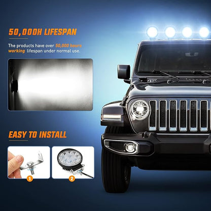 Nilight 15016F-C Led 4PCS 4.5" 27w 3000LM Round Flood Light Pod Off Road Fog Driving Roof Bar Bumper for Jeep,SUV Truck, Hunters