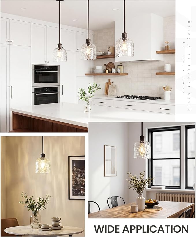 zeyu Large Kitchen Pendant Lightings, Hanging Ceiling Lights Fixtures Kitchen 2 Pack, Adjustable Hanging Lights with Clear Hammered Glass, Oil Rubbed Bronze Finish, ZJF63MIL-L-2PK ORB