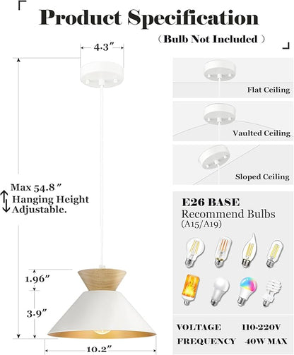ELYONA 3 Pack Modern Pendant Light Fixtures Solid Wood Ceiling Hanging Lamp Matte White Metal & Gold Inner Finish Nordic Pendant Light for Farmhouse Kitchen Island Dining Room Bedroom Living Room
