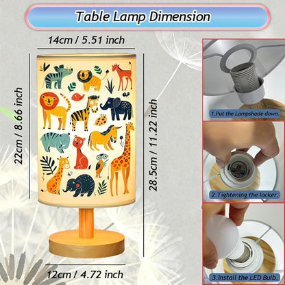 Safari Animal Kids Bedside Table Lamp for Bedroom, 3 Colors Nightstand Light Lamp with Wood Base Round Flaxen Fabric Shade Desk Reading Lamp for Girls Boys Room Decor, Animal Nursery Stuff Boys Gifts