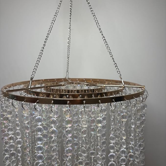 Modern Chrome Beaded Hanging Chandelier (W10.25 x H20”)，3 Tiers Beads Pendant Shade Gold Frame, Ceiling Chandelier Beaded Lampshade with Acrylic Jewel Droplets (H20Gold)