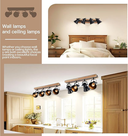 4-Lights Rustic Flush Mount Ceiling Light, Industrial Track Lighting Fixture, Rotatable Kitchen Track Lighting with Wood Base for Sink Dining Room, Living Room