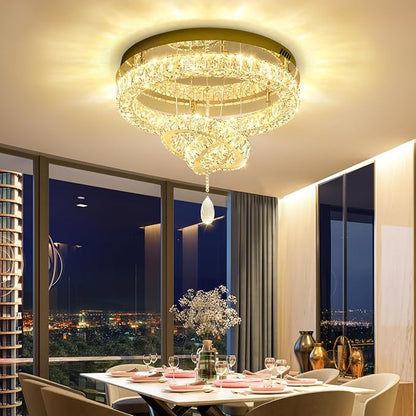 Flashing God Modern Crystal Chandelier Bedroom Chandeliers Flush Mount Ceiling Chandelier Light Fixture for Dining Room Entrance LED Dimmable Gold Ring Chandeliers