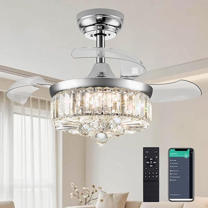 DuMaiWay 30" Chandelier Ceiling Fan with Light Crystal Modern Fandelier Reversible Ceiling Fan Dimmable Retractable Timer for Bedroom Dining Living Room Silver Chrome