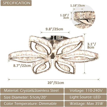 CLAIRDAI 20" Dimmable Modern Crystal Chandelier Flower Led Ceiling Light K9 Crystal Pendant Light Chandelier Led Acrylic Crystal Ceiling Light for Bedroom Living Room Dining Room