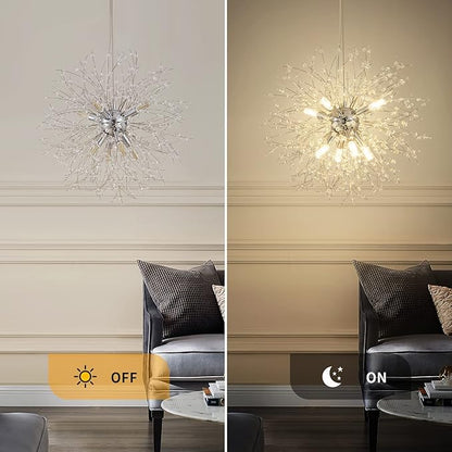 CM MZY Modern Crystal Chandeliers Firework, 8-Light Chrome Dandelion Sputnik Ceiling Light Fixtures, Sputnik Chandelier for Bedroom Living Room Dining Room Kitchen Island Hallway