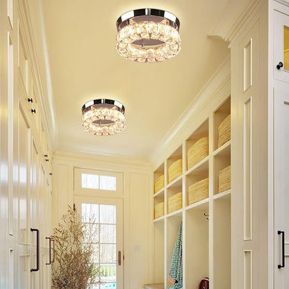9.8" Small Crystal Chandeliers LED Round Crystal Ceiling Light Flush Mount Light Fixture for Foyer Entryway Crystal Hallway Light Bedroom, 3 Colors Adjustable