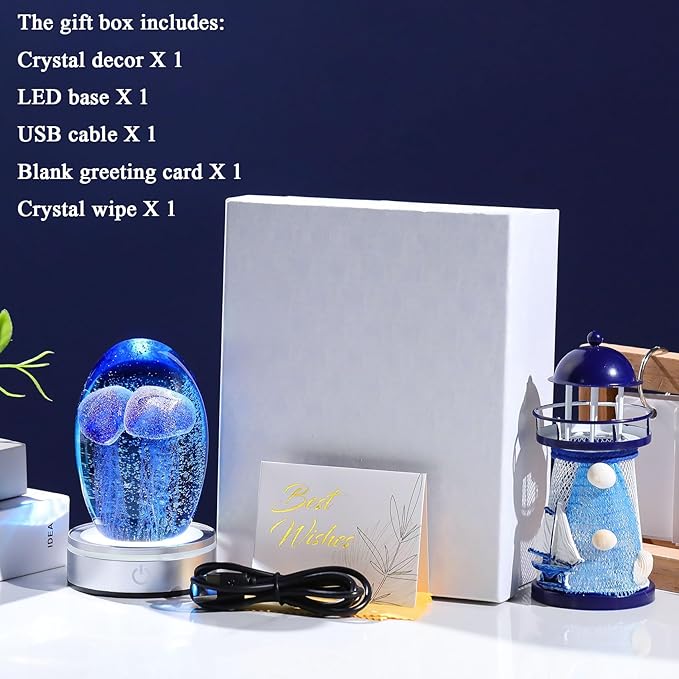 Hand Blown Glass Jellyfish Lamp - Ocean Themed Crystal Ball Desk Decor with LED Light, Aquarium & Beach Room Decoration, Collectible Figurine Paperweight Gift for Women (Blue)