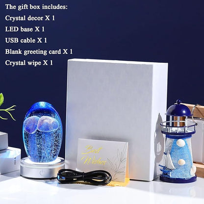 Hand Blown Glass Jellyfish Lamp - Ocean Themed Crystal Ball Desk Decor with LED Light, Aquarium & Beach Room Decoration, Collectible Figurine Paperweight Gift for Women (Blue)