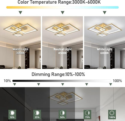 Modern Gold Led Ceiling Light 3-Square Design 3000K-6500K Dimmable LED Ceiling Light with Remote 33W Acrylic Ceiling Lighting Fixture for Bedroom Kitchen Dining Room Office Lamps