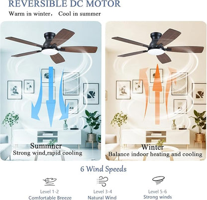 NKPU Ceiling Fans with Lights, Low Profile Ceiling Fan with Light and Remote/APP Control, DC Reversible Motor, Noiseless, Flush Mount, 46inch Brown Ceiling Fan for Bedroom Indoor/Outdoor Use