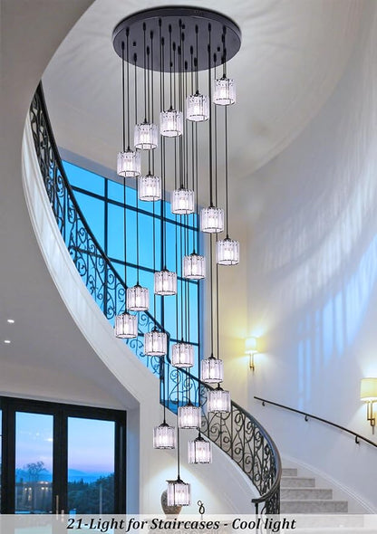 Long Chandeliers for High Ceilings,Modern Crystal Pendant Light,Raindrop Drop Lamp,Hanging Flush Mount Lighting Fixtures for Spiral Staircase,Foyer,Entryway,Living Room,Black (21 Lights)