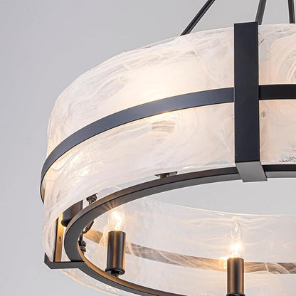 28" Glass Chandelier for Dining Room Large 8-Light Modern Black Drum Chandelier Light Fixture Over Table with Cloudy Glass Shades Hanging Pendant Light for High Ceiling Living Room Foyer