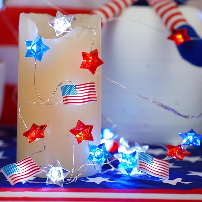 BOHON 4th of July Decorations Battery Operated String Lights with Timer 13 ft 40 LEDs Red White and Blue Star American Flag Lights for Home Patriotic Memorial Independence Day Fourth of July Decor