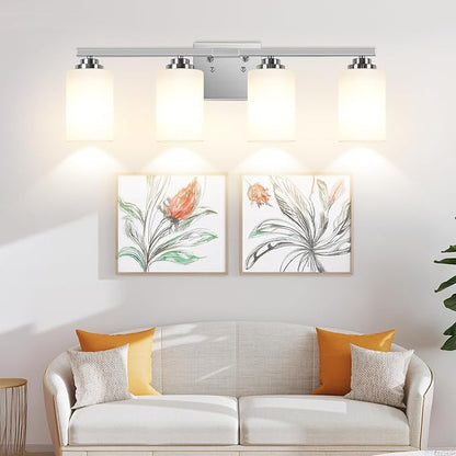 Brushed Nickel 4-Light Bathroom Light Fixtures, 27" Modern Vanity Lights Over Mirror with Milky White Frosted Glass Shade, Classic Wall Light Fixture for Mirror Living Room Cabinet Bedroom Porch