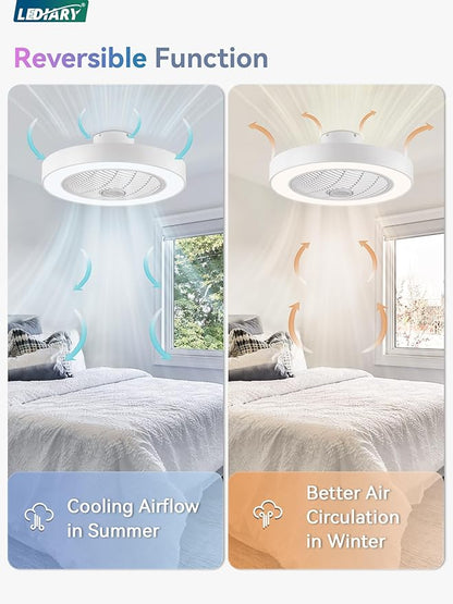LEDIARY 22 Inch Low Profile Ceiling Fans with Lights, Led Bladeless Ceiling Fan, Remote Control Enclosed Flush Mount Ceiling Fan with Timming, 3000-6000K, 6 Wind Speed-White RGB