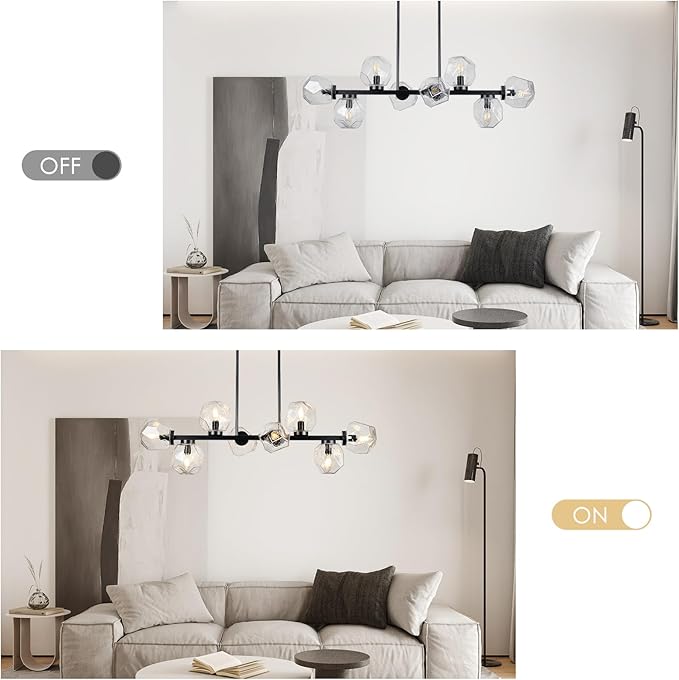 Jonsi Modern Linear Chandeliers 8 Light Clear Glass Dining Room Light Fixture 39"" Black Mid Century Chandelier Pendant Light for Living Room Kitchen Island